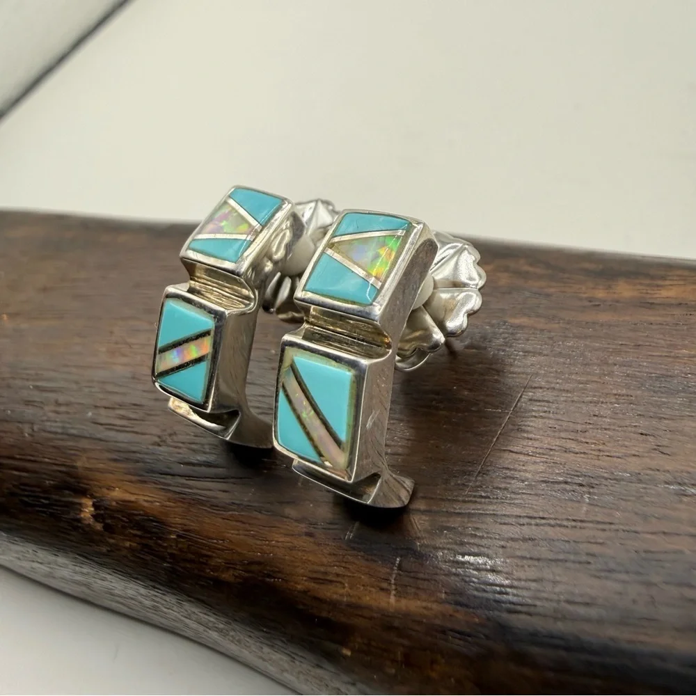 Sterling‎ Silver Turquoise Opal Earrings Half Hoop Pierced 925 Backing Square